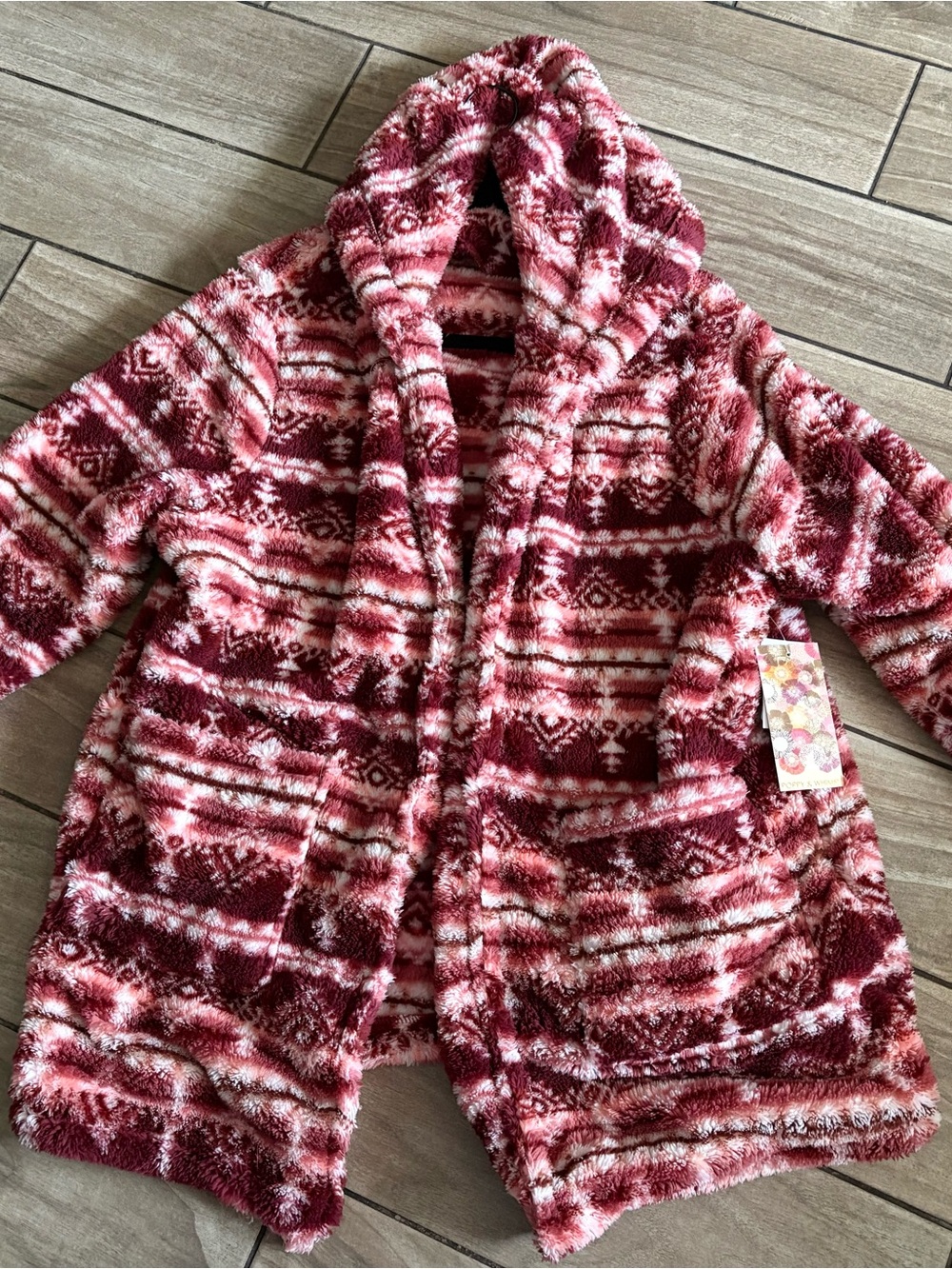 Women Plush Hooded Puffer Jacket in Burgundy and Pink